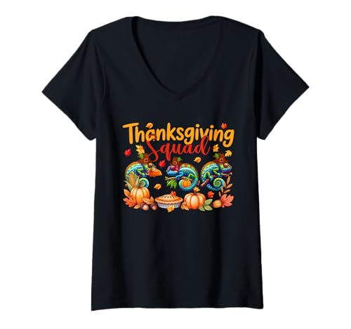Damen Thanksgiving Squad Three Cute Chamäleons Kostüm Pilger T-Shirt mit V-Ausschnitt von Wild Animal Thanksgiving Costume
