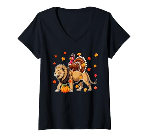Damen Türkei reitender Löwe Thanksgiving Herbst Blätter Kürbisliebhaber T-Shirt mit V-Ausschnitt von Wild Animal Thanksgiving Costume