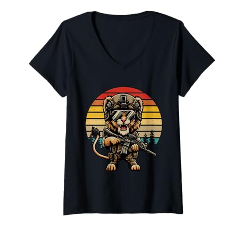 Damen Vintage Retro Lion Sunglasses Costume Veteran Soldier Lover T-Shirt mit V-Ausschnitt Damen Vintage Retro Lion Sunglasses Costume Veteran Soldier Lover T-Shirt mit V-Ausschnitt von Wild Animal Vacations Costume