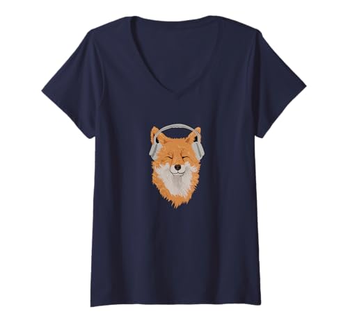 Damen Lächelnder Fuchs mit Kopfhörern, Happy Fox hört Musik T-Shirt mit V-Ausschnitt Damen Lächelnder Fuchs mit Kopfhörern, Happy Fox hört Musik T-Shirt mit V-Ausschnitt von Wild Animals Autumn Red Fox