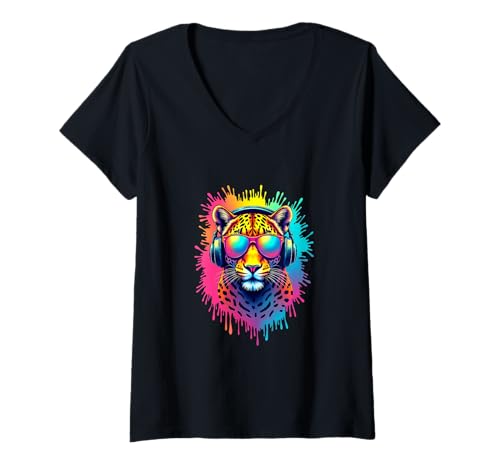 Damen Cooler Leopard mit Kopfhörern Retro Splash T-Shirt mit V-Ausschnitt Damen Cooler Leopard mit Kopfhörern Retro Splash T-Shirt mit V-Ausschnitt von Wild Beat Vibes