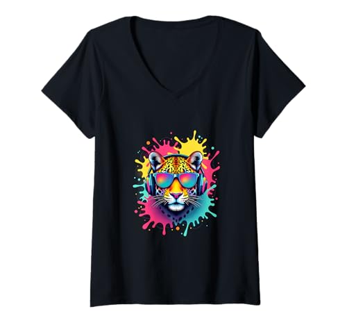 Damen Cooler Leopard mit Kopfhörern Retro Splash T-Shirt mit V-Ausschnitt Damen Cooler Leopard mit Kopfhörern Retro Splash T-Shirt mit V-Ausschnitt von Wild Beat Vibes