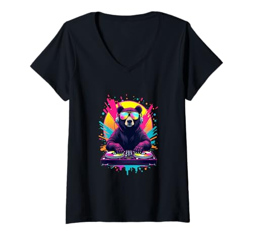 Damen DJ Bär im Retro-Pop-Art-Stil T-Shirt mit V-Ausschnitt von Wild Beat Vibes