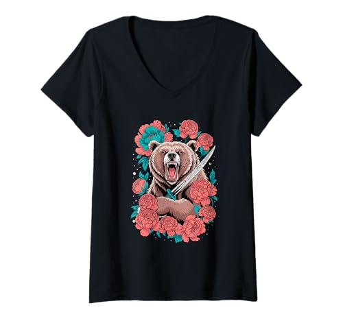 Damen Wilder Bär mit Schwert umgeben von rosa Blumen T-Shirt mit V-Ausschnitt Damen Wilder Bär mit Schwert umgeben von rosa Blumen T-Shirt mit V-Ausschnitt von Wild Bloom Clothing