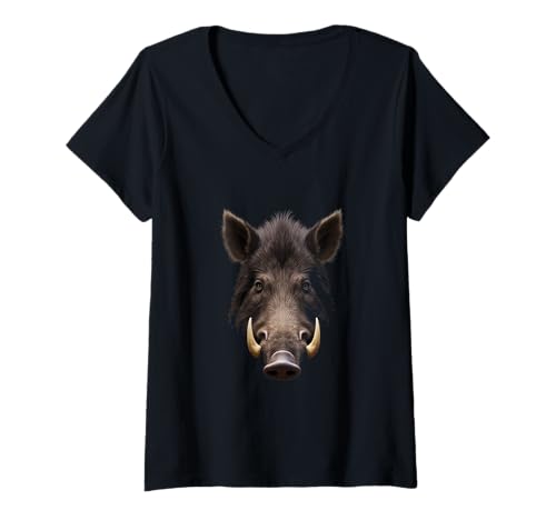 Damen Wildschweinkopf Wildtier Wald Europa Kunst T-Shirt mit V-Ausschnitt Damen Wildschweinkopf Wildtier Wald Europa Kunst T-Shirt mit V-Ausschnitt von Wild Boar Fun Designs