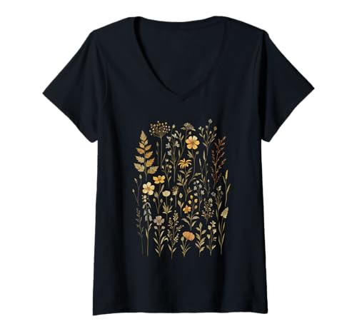 Damen Vintage Flowers Boho Cottagecore Botanical Floral T-Shirt mit V-Ausschnitt Damen Vintage Flowers Boho Cottagecore Botanical Floral T-Shirt mit V-Ausschnitt von Wild Boho Flowers Co.