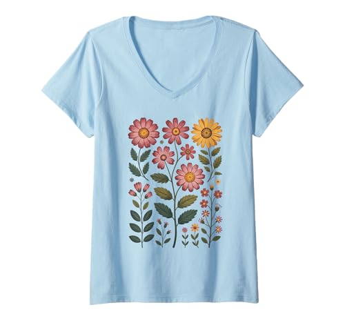 Damen Vintage Pastell Blumen Boho Cottagecore Botanical Floral T-Shirt mit V-Ausschnitt Damen Vintage Pastell Blumen Boho Cottagecore Botanical Floral T-Shirt mit V-Ausschnitt von Wild Boho Flowers Co.