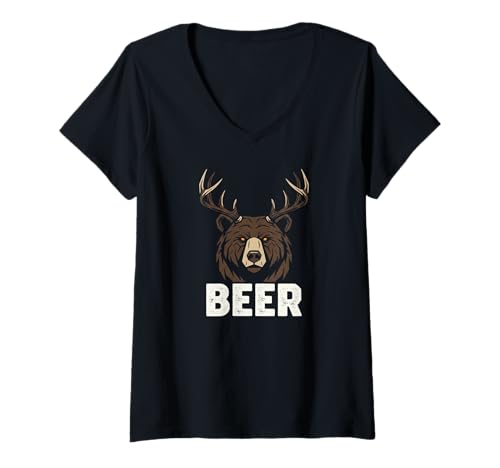 Damen Bär mit Geweih Biertext Grafik Wortspiel Wortspiel T-Shirt mit V-Ausschnitt von Wild Brew
