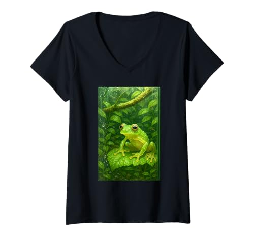 Damen Baum Frosch auf Blatt Regenwald Natur Kunstwerk T-Shirt mit V-Ausschnitt Damen Baum Frosch auf Blatt Regenwald Natur Kunstwerk T-Shirt mit V-Ausschnitt von Wild Design