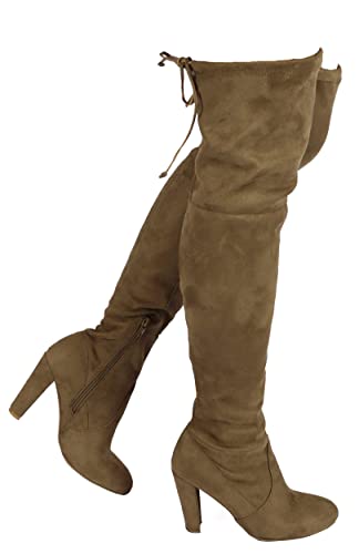 Wild Diva Damen Overknee-Stiefel – Sexy Overknee-Stiefel – trendiger niedriger Blockabsatz Schuh – bequemer Stiefel – (breite Wadenpassform & normale Passform), taupe, 40 EU von Wild Diva