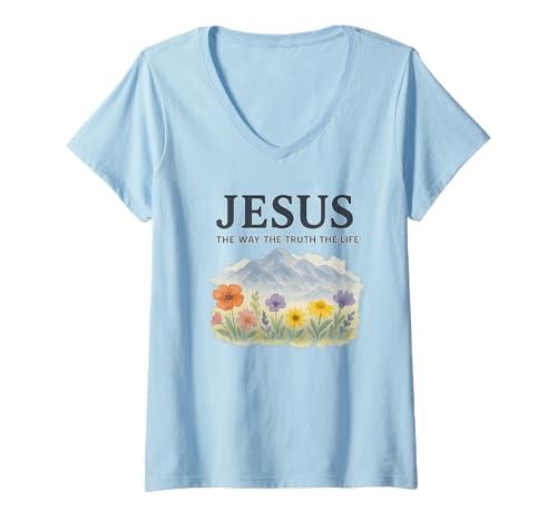 Damen Jesus The Way The Truth The Life Watercolor Mountains T-Shirt mit V-Ausschnitt Damen Jesus The Way The Truth The Life Watercolor Mountains T-Shirt mit V-Ausschnitt von Wild Floral Way Truth Life Co.