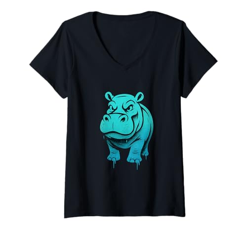 Damen Hippo Graffiti Tier Street Art Urban Style Bold Design T-Shirt mit V-Ausschnitt Damen Hippo Graffiti Tier Street Art Urban Style Bold Design T-Shirt mit V-Ausschnitt von Wild Flow