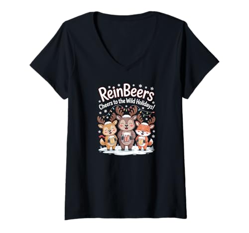 Damen ReinBeers Lustiges Weihnachtsbier Rentier Tier T-Shirt mit V-Ausschnitt Damen ReinBeers Lustiges Weihnachtsbier Rentier Tier T-Shirt mit V-Ausschnitt von Wild Holiday Animal Apparel Gifts by Anastasia