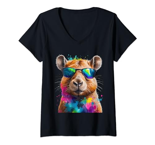 Damen Capybara Sonnenbrille Capy Bunt Tier Aufdruck Design Print T-Shirt mit V-Ausschnitt von Wild Life Merch
