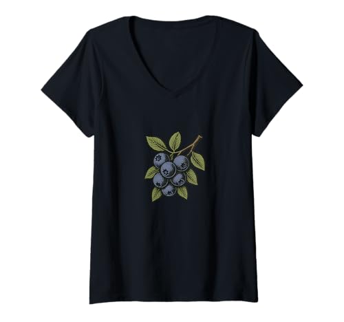 Damen Blaubeerzweig, botanische Naturkunst, Sommerfrucht T-Shirt mit V-Ausschnitt Damen Blaubeerzweig, botanische Naturkunst, Sommerfrucht T-Shirt mit V-Ausschnitt von Wild Meadow Illustrations