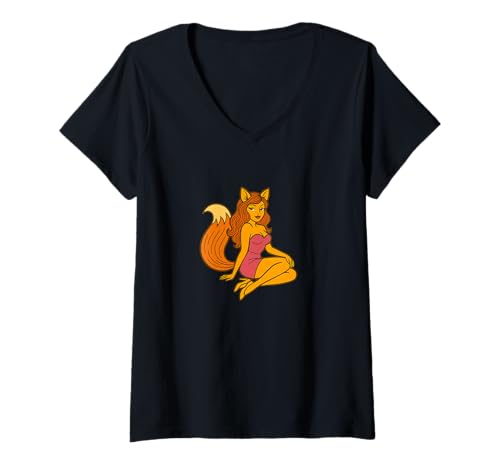 Damen Fox Girl Pinup Halloween-Cosplay-Anime-Ästhetik im Retro-Stil T-Shirt mit V-Ausschnitt Damen Fox Girl Pinup Halloween-Cosplay-Anime-Ästhetik im Retro-Stil T-Shirt mit V-Ausschnitt von Wild Moon Studio Apparel