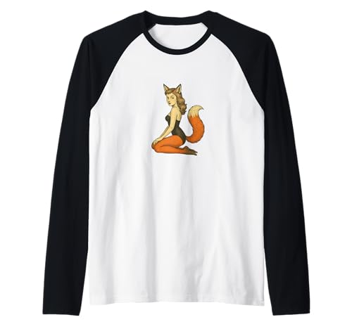 Fox Girl Pinup Halloween-Cosplay-Anime-Ästhetik im Retro-Stil Raglan von Wild Moon Studio Apparels