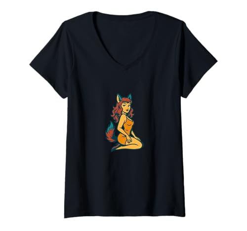 Damen Fox Girl Pinup Halloween-Cosplay-Anime-Ästhetik im Retro-Stil T-Shirt mit V-Ausschnitt von Wild Moon Studio