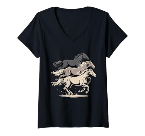 Damen Galoppierende Pferde Trio Western Mustang Spirit T-Shirt mit V-Ausschnitt Damen Galoppierende Pferde Trio Western Mustang Spirit T-Shirt mit V-Ausschnitt von Wild Mustang Equestrian Western Running Horses