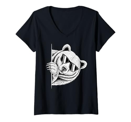 Damen Bär mit Sonnenbrille Wildlife Nature T-Shirt mit V-Ausschnitt Damen Bär mit Sonnenbrille Wildlife Nature T-Shirt mit V-Ausschnitt von Wild Nature Family Outfit