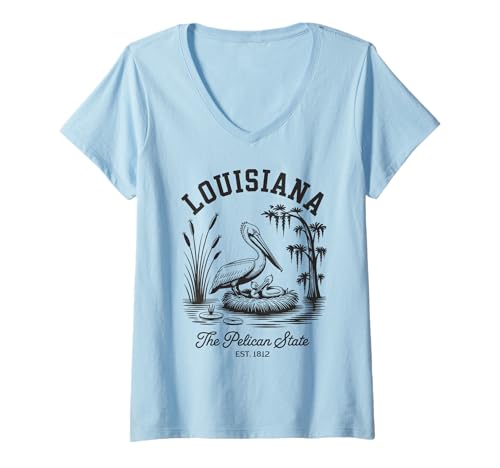 Damen Louisiana Pelican State Shirt im Sumpf- und Wildtierstil, Vintage-Stil T-Shirt mit V-Ausschnitt Damen Louisiana Pelican State Shirt im Sumpf- und Wildtierstil, Vintage-Stil T-Shirt mit V-Ausschnitt von Wild Nature Heritage State Series Apparel Co.