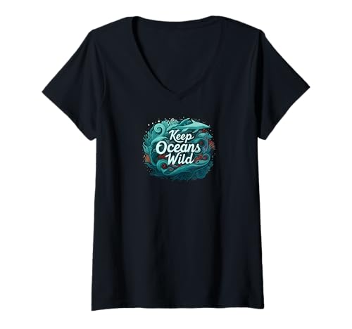 Damen Keep Oceans Wild Marine Life Conservation Ocean T-Shirt mit V-Ausschnitt Damen Keep Oceans Wild Marine Life Conservation Ocean T-Shirt mit V-Ausschnitt von Wild Ocean Advocates Sea Conservation Apparel