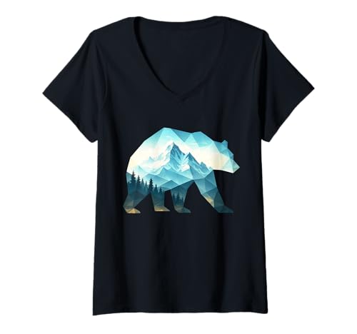 Damen Geometrischer Bär mit ästhetischer Naturszene in den Bergen T-Shirt mit V-Ausschnitt Damen Geometrischer Bär mit ästhetischer Naturszene in den Bergen T-Shirt mit V-Ausschnitt von Wild Peaks