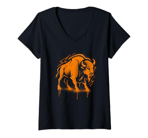 Damen Graffiti-Bison-Illustration T-Shirt mit V-Ausschnitt Damen Graffiti-Bison-Illustration T-Shirt mit V-Ausschnitt von Wild Plains