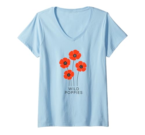Damen Wilde Mohnblumen Minimalistisch T-Shirt mit V-Ausschnitt von Wild Poppies Floral Art