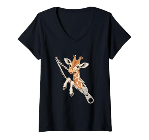 Damen Giraffe aus einem Reißverschluss T-Shirt mit V-Ausschnitt Damen Giraffe aus einem Reißverschluss T-Shirt mit V-Ausschnitt von Wild Safari Tees