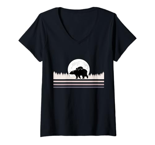 Damen Bär mit Mondaufdruck, Waldtier-Silhouette T-Shirt mit V-Ausschnitt Damen Bär mit Mondaufdruck, Waldtier-Silhouette T-Shirt mit V-Ausschnitt von Wild Silhouette Animals Graphic Clothes