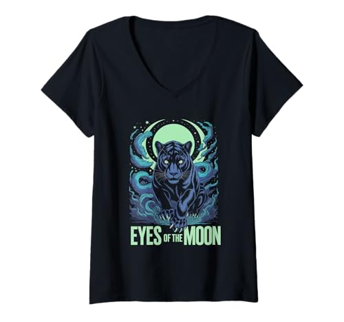 Damen Augen des Mondes Schwarzer Panther Nachthimmel T-Shirt mit V-Ausschnitt von Wild Spirit Apparel