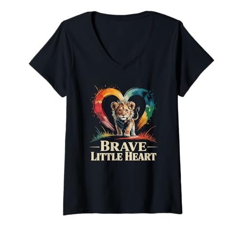 Damen Brave Little Heart Löwenjunges buntes Herz T-Shirt mit V-Ausschnitt von Wild Spirit Apparel