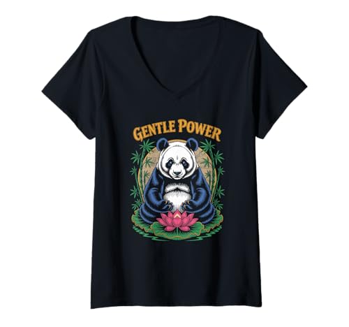 Damen Gentle Power Panda mit Lotus und Bambus T-Shirt mit V-Ausschnitt von Wild Spirit Apparel