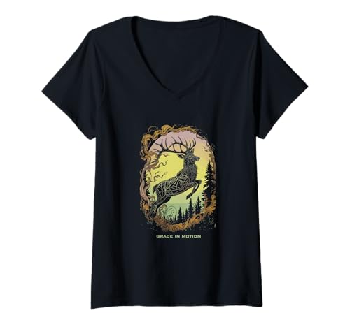 Damen Geometrische Hirsch-Naturszene Wildtierliebhaber T-Shirt mit V-Ausschnitt von Wild Spirit Apparel