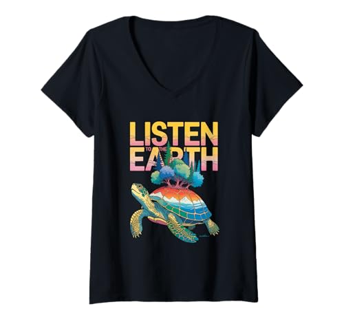 Damen Hören Sie der Erde Schildkröte Landschaft Muschel T-Shirt mit V-Ausschnitt Damen Hören Sie der Erde Schildkröte Landschaft Muschel T-Shirt mit V-Ausschnitt von Wild Spirit Apparel