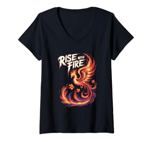 Damen Rise with Fire Phoenix Feury Floral Design T-Shirt mit V-Ausschnitt von Wild Spirit Apparel