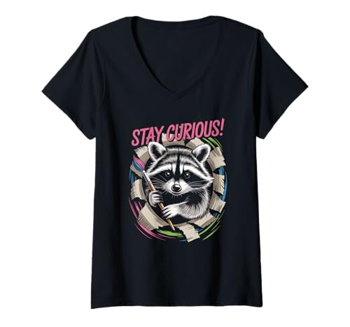 Damen Stay Curious Waschbär mit Pinselkunst T-Shirt mit V-Ausschnitt Damen Stay Curious Waschbär mit Pinselkunst T-Shirt mit V-Ausschnitt von Wild Spirit Apparel