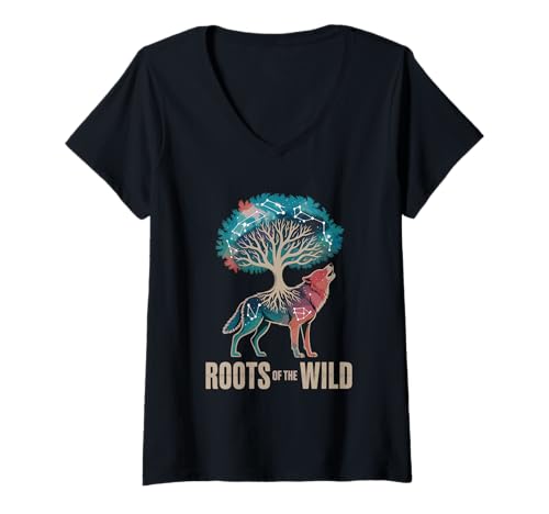 Damen Wurzeln des Wilden Wolfs mit kosmischem Baum T-Shirt mit V-Ausschnitt Damen Wurzeln des Wilden Wolfs mit kosmischem Baum T-Shirt mit V-Ausschnitt von Wild Spirit Apparel