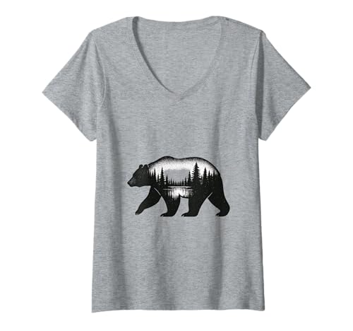 Damen Doppelbelichtung Bär Wald Natur Wildnis Kunst T-Shirt mit V-Ausschnitt Damen Doppelbelichtung Bär Wald Natur Wildnis Kunst T-Shirt mit V-Ausschnitt von Wild Spirit Nature Animal Silhouette Wilderness