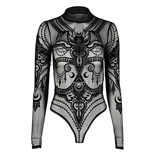 Wild Star Hearts Jewel Bat Damen Bodysuit Gothic okkulte Witchy schwarz Langarm Top Samt Mesh Body (XXL) von Wild Star Hearts