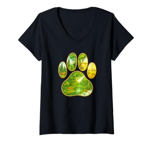 Damen Naturlandschaftsszenen im Inneren, Tierpfotenabdruck T-Shirt mit V-Ausschnitt Damen Naturlandschaftsszenen im Inneren, Tierpfotenabdruck T-Shirt mit V-Ausschnitt von Wild Tracks