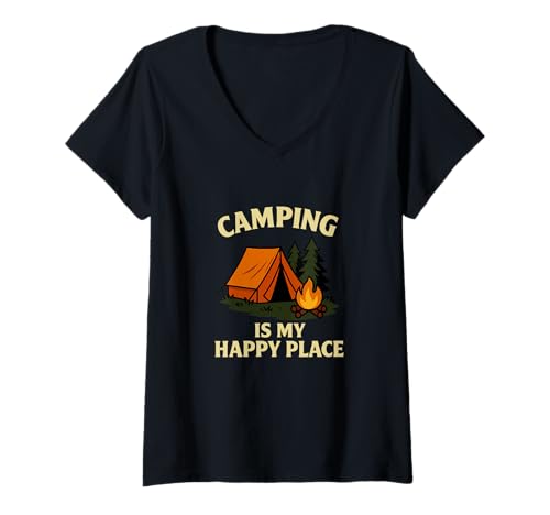 Damen Camping is My Happy Place Outdoor Adventure Bekleidung T-Shirt mit V-Ausschnitt Damen Camping is My Happy Place Outdoor Adventure Bekleidung T-Shirt mit V-Ausschnitt von Wild Trails Camping Apparel Co.