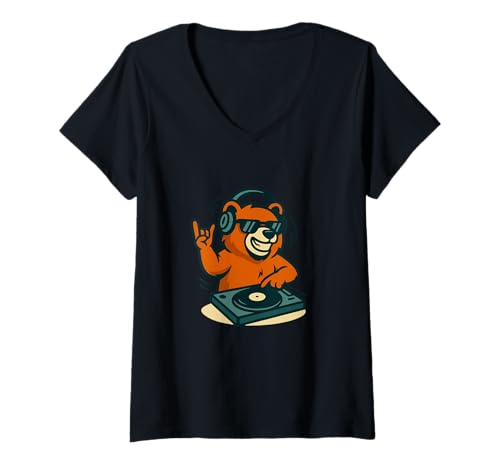 Damen Lustiger DJ-Bär drehbarer Plattenspieler Musikliebhaber T-Shirt mit V-Ausschnitt Damen Lustiger DJ-Bär drehbarer Plattenspieler Musikliebhaber T-Shirt mit V-Ausschnitt von Wild Vibes Music Apparel Co.