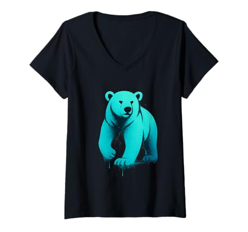 Damen Eisbär Tier Graffiti Street Art Stil kühnes Design T-Shirt mit V-Ausschnitt Damen Eisbär Tier Graffiti Street Art Stil kühnes Design T-Shirt mit V-Ausschnitt von Wild Walls