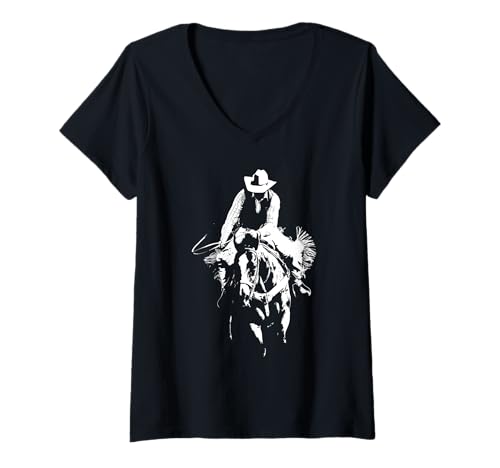 Damen Cowboy Horseback Lasso Silhouette Western Rodeo Cowboy auf T-Shirt mit V-Ausschnitt Damen Cowboy Horseback Lasso Silhouette Western Rodeo Cowboy auf T-Shirt mit V-Ausschnitt von Wild West Cowboy Horse Rider Equestrian Rodeo
