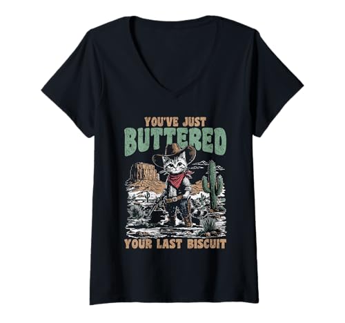 Damen Retro Katze Cowboy Katze Country Western Funny Last Biscuit T-Shirt mit V-Ausschnitt Damen Retro Katze Cowboy Katze Country Western Funny Last Biscuit T-Shirt mit V-Ausschnitt von Wild West Kitty Apparel