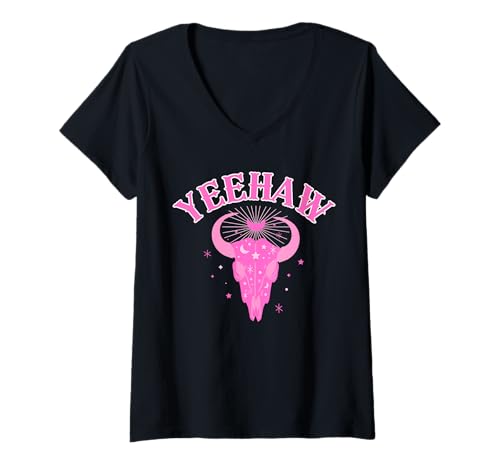 Damen Howdy Rodeo Wild Western Yeehaw Cowgirl Country, knallpink T-Shirt mit V-Ausschnitt Damen Howdy Rodeo Wild Western Yeehaw Cowgirl Country, knallpink T-Shirt mit V-Ausschnitt von Wild West Western Rodeo Yeehaw Cowgirl Country