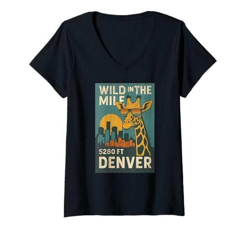 Damen Wild in the Mile T-Shirt Denver Giraffe 5280 Skyline Sunset T-Shirt mit V-Ausschnitt Damen Wild in the Mile T-Shirt Denver Giraffe 5280 Skyline Sunset T-Shirt mit V-Ausschnitt von Wild in the Mile Tee Shirts for Denver Zoo Fans
