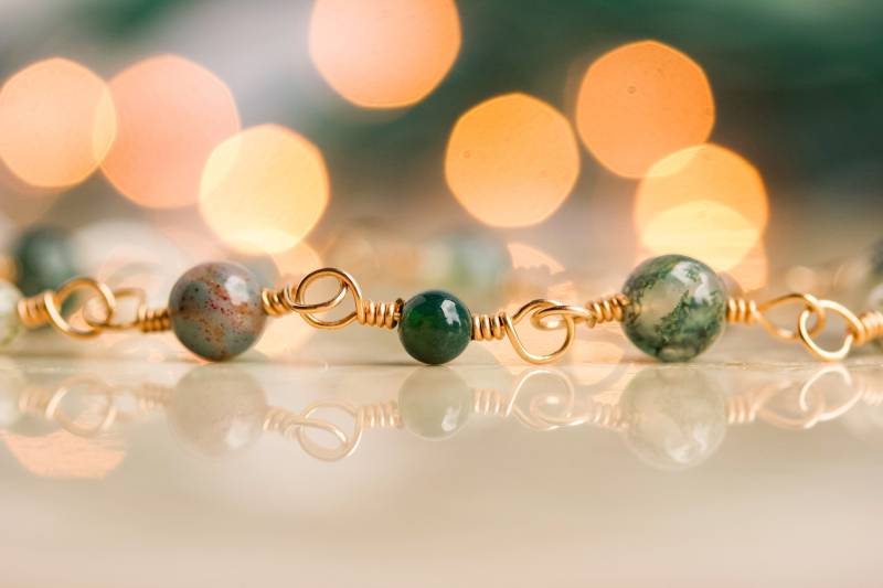 Moos Achat Stein Und 14K Gold Gefüllt Draht Armband, Natürliche Edelstein Armband Perlen Kette, Rosenkranz Stil Kettenarmband Moos Achat Stein Und 14K Gold Gefüllt Draht Armband, Natürliche Edelstein Armband Perlen Kette, Rosenkranz Stil Kettenarmband von WildCollections